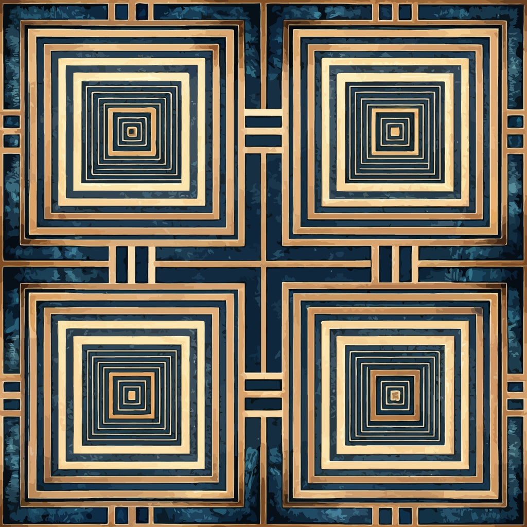 navy blue, golden beige, concentric squares, geometric pattern, art deco, repeating motifs,, fabric panel, spiral design, nested squares, symmetrical layout, retro style, modernist design, angular geometry, decorative blocks, structured pattern, vintage aesthetic, geometric tiles, square motifs