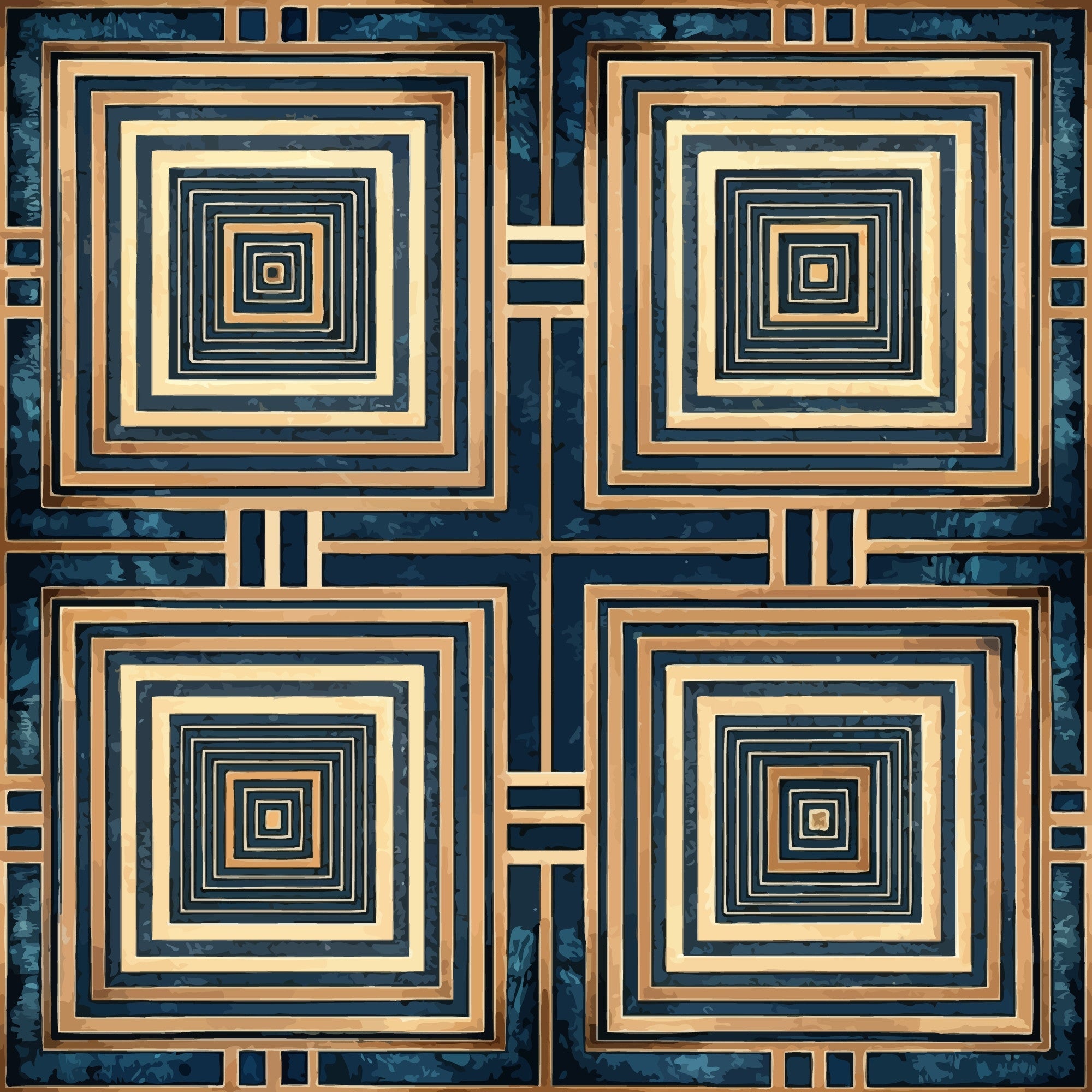 navy blue, golden beige, concentric squares, geometric pattern, art deco, repeating motifs,, fabric panel, spiral design, nested squares, symmetrical layout, retro style, modernist design, angular geometry, decorative blocks, structured pattern, vintage aesthetic, geometric tiles, square motifs