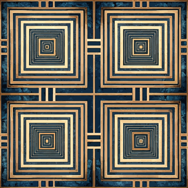 navy blue, golden beige, concentric squares, geometric pattern, art deco, repeating motifs,, fabric panel, spiral design, nested squares, symmetrical layout, retro style, modernist design, angular geometry, decorative blocks, structured pattern, vintage aesthetic, geometric tiles, square motifs