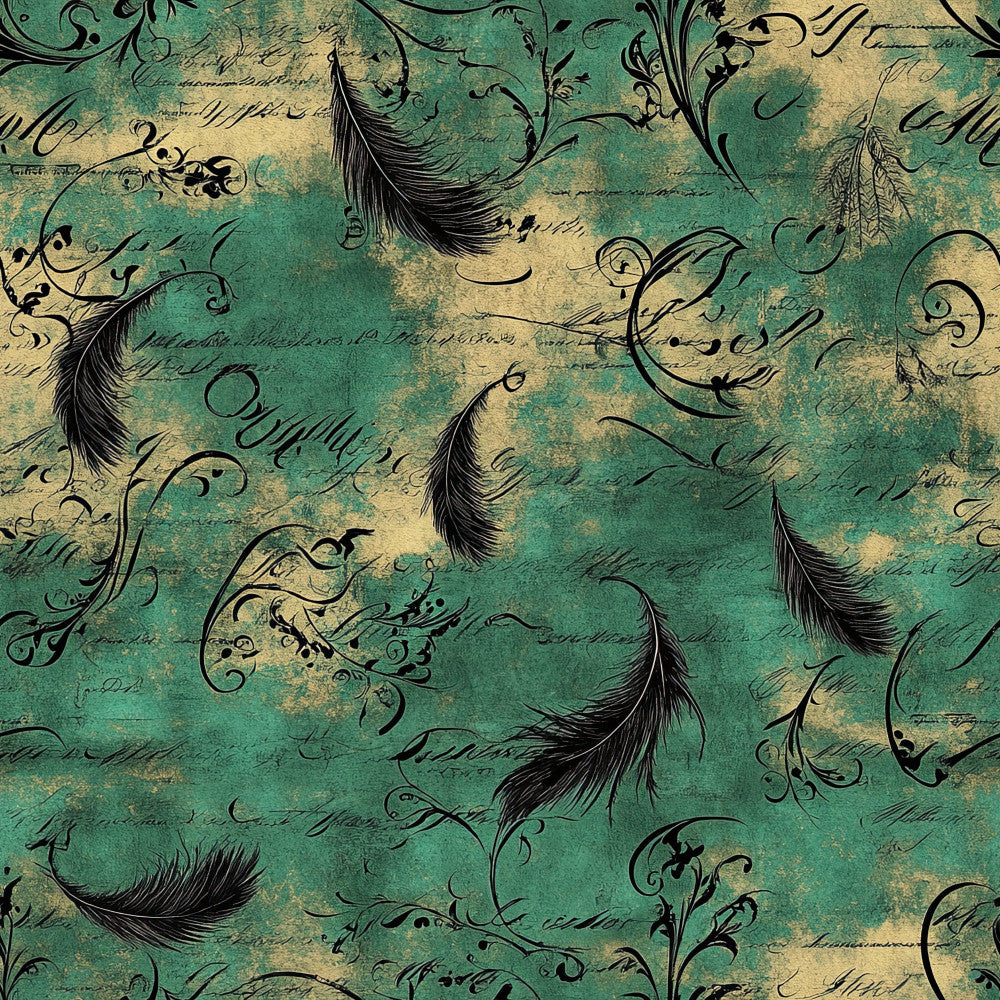 teal, turquoise, sage green, cream, vintage green, feathers, scrolls, cursive script, botanical, vintage, elegant, romantic, antique, distressed, calligraphy, ornamental, nature-inspired, classic, timeless, damask-inspired, literary, shabby chic, whimsical, traditional, sophisticated, minky blanket, plush throw, nursery decor, baby blanket, home decor
