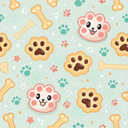 dog paws, paw prints, bones, cute faces, kawaii style, mint green, coral pink, orange, cream, playful pattern,, fabric panel, pet themed, scattered design, whimsical, cartoon style, animal motifs, cheerful, soft colors, repeating pattern
