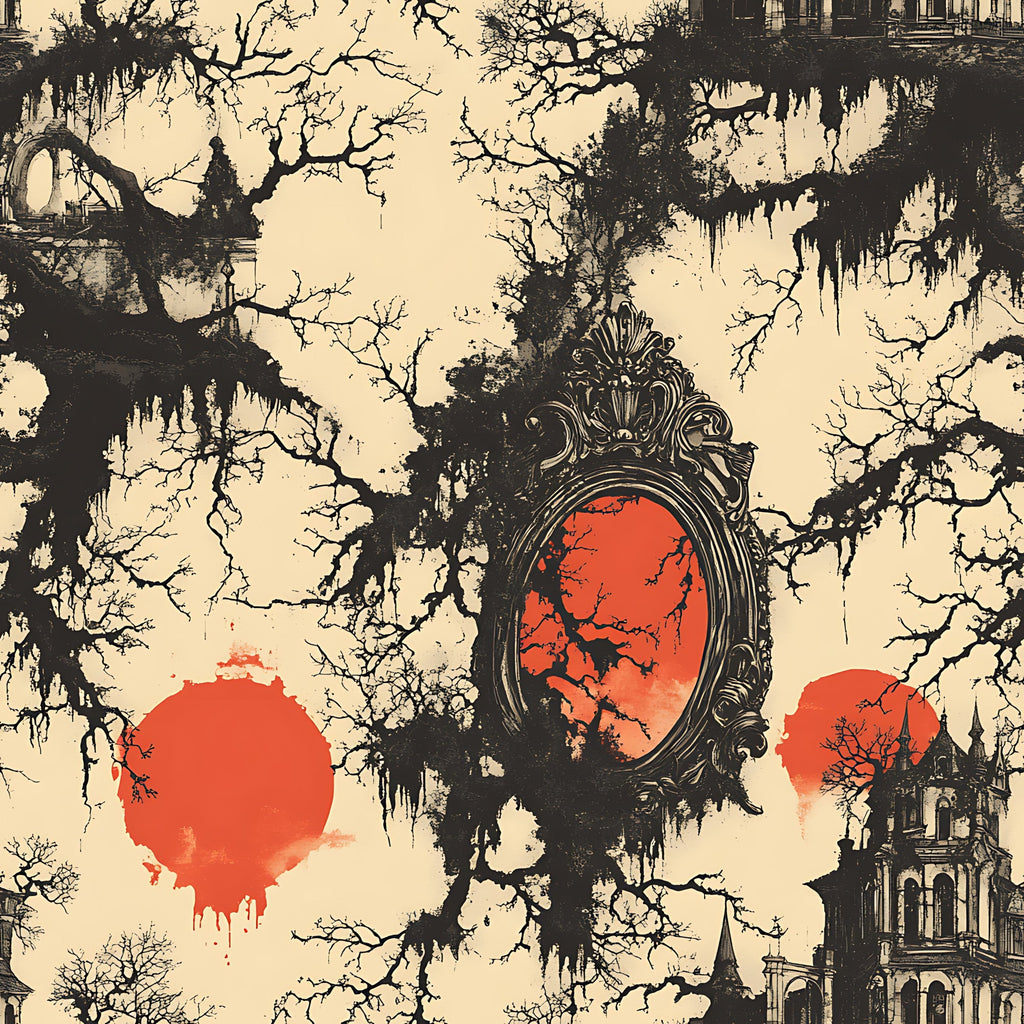 blood moon, gothic architecture, ornate mirror, bare trees, spanish moss, orange red circles, vintage sepia, haunted mansion, spooky atmosphere,, fabric panel, gothic revival, eerie landscape, autumn colors, horror aesthetic, decorative frame, silhouette trees, architectural details, cream background, dark branches