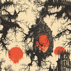 blood moon, gothic architecture, ornate mirror, bare trees, spanish moss, orange red circles, vintage sepia, haunted mansion, spooky atmosphere,, fabric panel, gothic revival, eerie landscape, autumn colors, horror aesthetic, decorative frame, silhouette trees, architectural details, cream background, dark branches