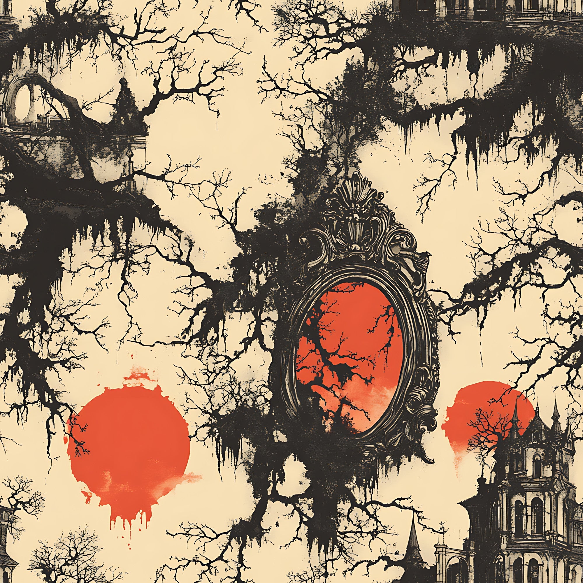 blood moon, gothic architecture, ornate mirror, bare trees, spanish moss, orange red circles, vintage sepia, haunted mansion, spooky atmosphere,, fabric panel, gothic revival, eerie landscape, autumn colors, horror aesthetic, decorative frame, silhouette trees, architectural details, cream background, dark branches