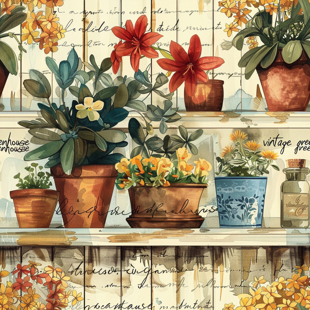 terracotta pots, greenhouse plants, vintage watercolor, botanical illustration, red lilies, yellow flowers, orange blooms, green foliage, wooden shelves, rustic pottery, blue ceramic pot, glass bottles, potted plants, gardening theme, earthy tones, cottage garden, floral motifs,, fabric panel, warm colors