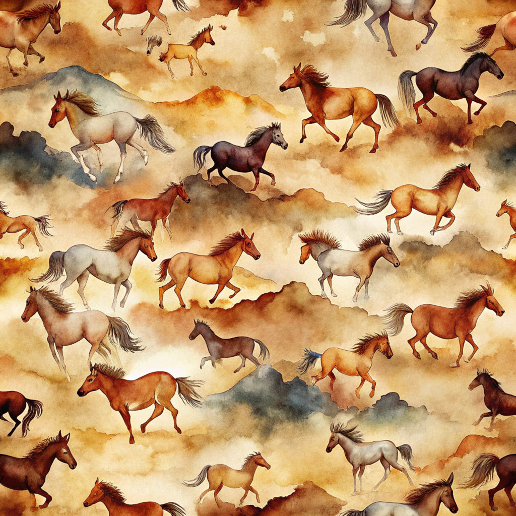 wild horses, running horses, galloping horses, watercolor style, brown horses, chestnut horses, gray horses, white horses, cloudy background, dusty clouds, earth tones, beige background, tan colors, russet brown, soft pastels, equestrian theme, western style, seamless pattern,, fabric panel, artistic rendering, flowing manes, horse herd