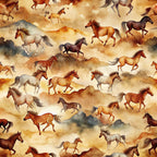 wild horses, running horses, galloping horses, watercolor style, brown horses, chestnut horses, gray horses, white horses, cloudy background, dusty clouds, earth tones, beige background, tan colors, russet brown, soft pastels, equestrian theme, western style, seamless pattern,, fabric panel, artistic rendering, flowing manes, horse herd