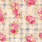 pink flowers, floral pattern, plaid background, blue plaid, cream background, cottage core, watercolor flowers,, fabric panel, country style, botanical design, pink blossoms, green leaves, vintage inspired, feminine floral, soft pastels, romantic flowers, shabby chic, spring flowers, delicate blooms