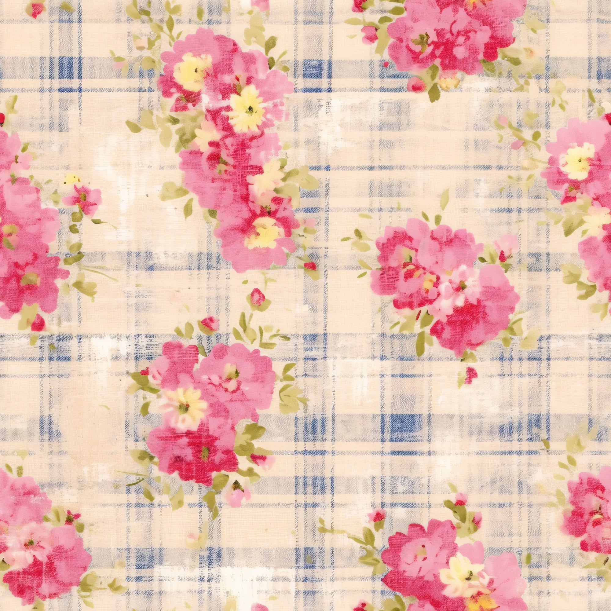 pink flowers, floral pattern, plaid background, blue plaid, cream background, cottage core, watercolor flowers,, fabric panel, country style, botanical design, pink blossoms, green leaves, vintage inspired, feminine floral, soft pastels, romantic flowers, shabby chic, spring flowers, delicate blooms