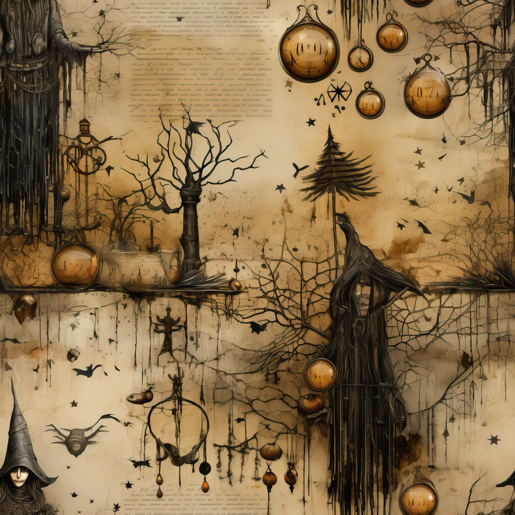 beige, sepia tones, amber, gothic witch, ravens, bare trees, hanging orbs, mysterious bottles, lanterns, thorny vines, dark silhouettes, occult symbols, spooky atmosphere, vintage aged look, halloween themed,, fabric panel, witch hat, mystical elements, haunting birds