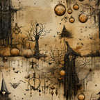 beige, sepia tones, amber, gothic witch, ravens, bare trees, hanging orbs, mysterious bottles, lanterns, thorny vines, dark silhouettes, occult symbols, spooky atmosphere, vintage aged look, halloween themed,, fabric panel, witch hat, mystical elements, haunting birds