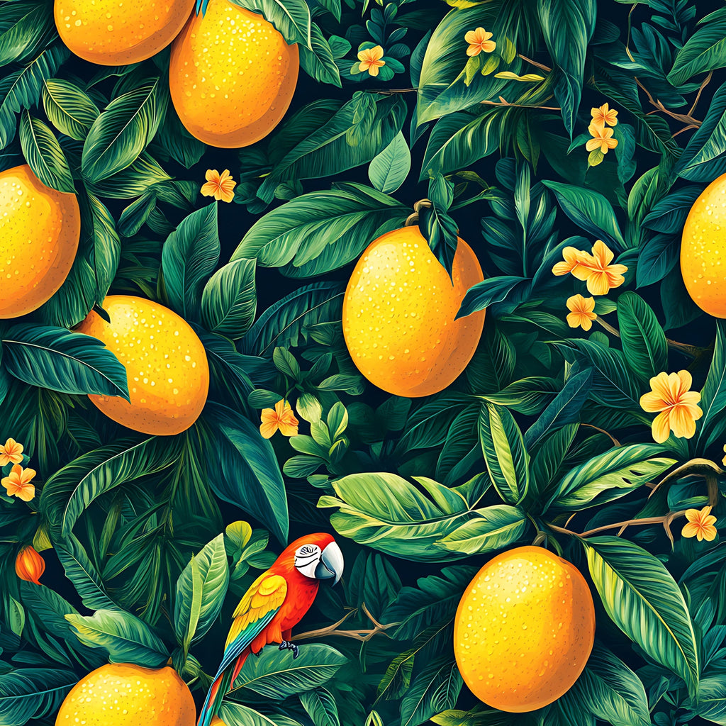 tropical pattern, mango fruit, orange yellow, emerald green, teal leaves, red parrot, macaw bird, hibiscus flowers, jungle foliage, tropical leaves,, fabric panel, exotic birds, citrus fruits, botanical design, vibrant colors, summer theme, paradise pattern, tropical wildlife, lush greenery