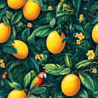 tropical pattern, mango fruit, orange yellow, emerald green, teal leaves, red parrot, macaw bird, hibiscus flowers, jungle foliage, tropical leaves,, fabric panel, exotic birds, citrus fruits, botanical design, vibrant colors, summer theme, paradise pattern, tropical wildlife, lush greenery