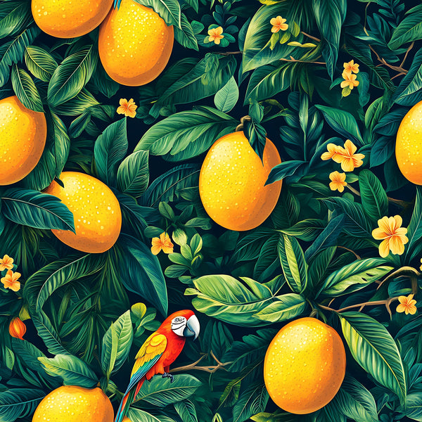 tropical pattern, mango fruit, orange yellow, emerald green, teal leaves, red parrot, macaw bird, hibiscus flowers, jungle foliage, tropical leaves,, fabric panel, exotic birds, citrus fruits, botanical design, vibrant colors, summer theme, paradise pattern, tropical wildlife, lush greenery