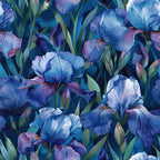 iris flowers, floral pattern, blue tones, purple hues, botanical design,, fabric panel, garden blooms, nature motif, spring flowers, detailed petals, green foliage, watercolor style, artistic rendering, vibrant colors, perennial plants, flower garden, textile art, sewing material, crafting fabric