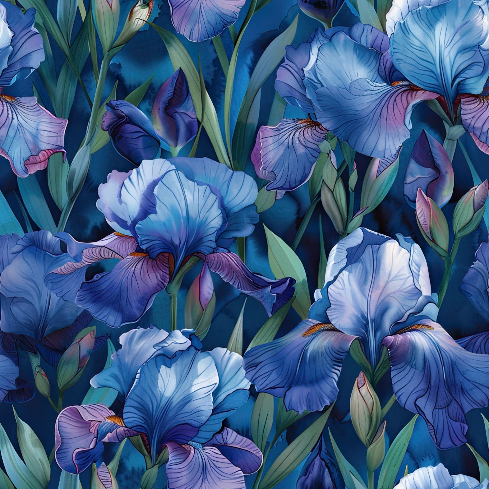 iris flowers, floral pattern, blue tones, purple hues, botanical design,, fabric panel, garden blooms, nature motif, spring flowers, detailed petals, green foliage, watercolor style, artistic rendering, vibrant colors, perennial plants, flower garden, textile art, sewing material, crafting fabric
