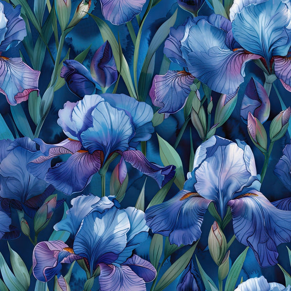 iris flowers, floral pattern, blue tones, purple hues, botanical design,, fabric panel, garden blooms, nature motif, spring flowers, detailed petals, green foliage, watercolor style, artistic rendering, vibrant colors, perennial plants, flower garden, textile art, sewing material, crafting fabric