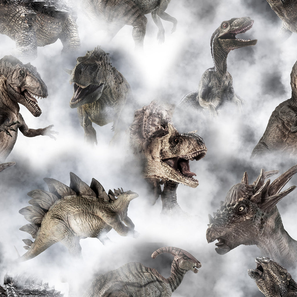 gray, white, smoke, mist, dinosaurs, prehistoric, t-rex, stegosaurus, triceratops, reptiles, ancient creatures, realistic art, dramatic scene,, fabric panel, earth tones, brown, beige, scientific illustration, paleontology theme