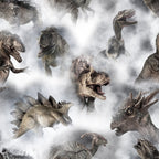 gray, white, smoke, mist, dinosaurs, prehistoric, t-rex, stegosaurus, triceratops, reptiles, ancient creatures, realistic art, dramatic scene,, fabric panel, earth tones, brown, beige, scientific illustration, paleontology theme