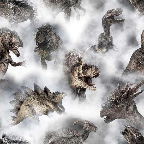 gray, white, smoke, mist, dinosaurs, prehistoric, t-rex, stegosaurus, triceratops, reptiles, ancient creatures, realistic art, dramatic scene,, fabric panel, earth tones, brown, beige, scientific illustration, paleontology theme