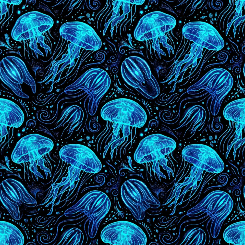 neon blue, cyan, electric blue, navy blue, black, glowing jellyfish, bioluminescent, ocean, underwater, sea creatures, marine life, jellyfish pattern, nautical, celestial, cosmic, glowing, neon glow, modern, whimsical, fantasy, dreamy, night sky, deep sea, aquatic, glow-in-the-dark aesthetic, kids room, playroom, nursery, ocean theme, magical