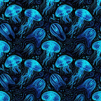 neon blue, cyan, electric blue, navy blue, black, glowing jellyfish, bioluminescent, ocean, underwater, sea creatures, marine life, jellyfish pattern, nautical, celestial, cosmic, glowing, neon glow, modern, whimsical, fantasy, dreamy, night sky, deep sea, aquatic, glow-in-the-dark aesthetic, kids room, playroom, nursery, ocean theme, magical