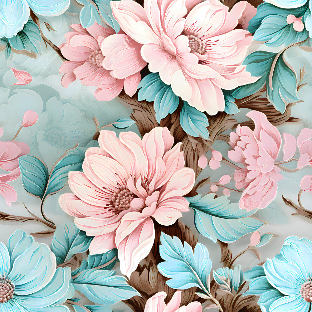 blush pink, turquoise, teal blue, cream white, soft pink, pastel colors, floral pattern, botanical design, flower motif, dahlia, peony, layered petals, nature theme, elegant style, romantic style, whimsical design, spring flowers, summer garden, delicate florals, detailed petals, dimensional design, three-dimensional effect, nursery decor, baby room, kids room, shower gift, feminine design, soft aesthetic, garden inspired, botanical illustration