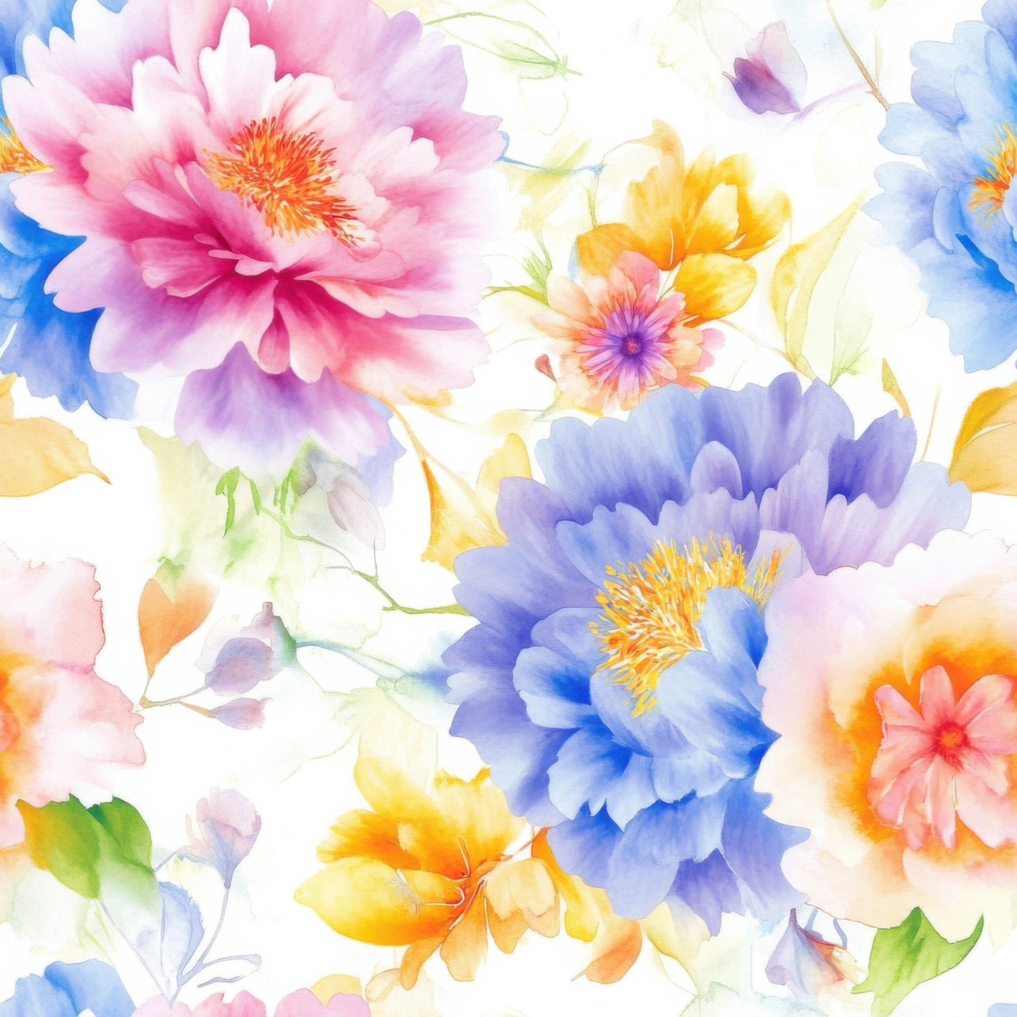 watercolor flowers, soft pastels, pink peonies, blue blossoms, yellow florals, purple petals, delicate brushstrokes, botanical design, dreamy aesthetic,, fabric panel, floral motifs, artistic blooms, ethereal style, spring flowers, gentle colors, painted effect, nature pattern, japanese inspired, cotton fabric