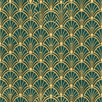art deco, fan pattern, geometric design, emerald green, gold, cream, repeating motif, scalloped arches, vintage style,, fabric panel, luxurious, elegant, radiating lines, decorative circles, 1920s inspired, ornamental, sophisticated, peacock feathers motif