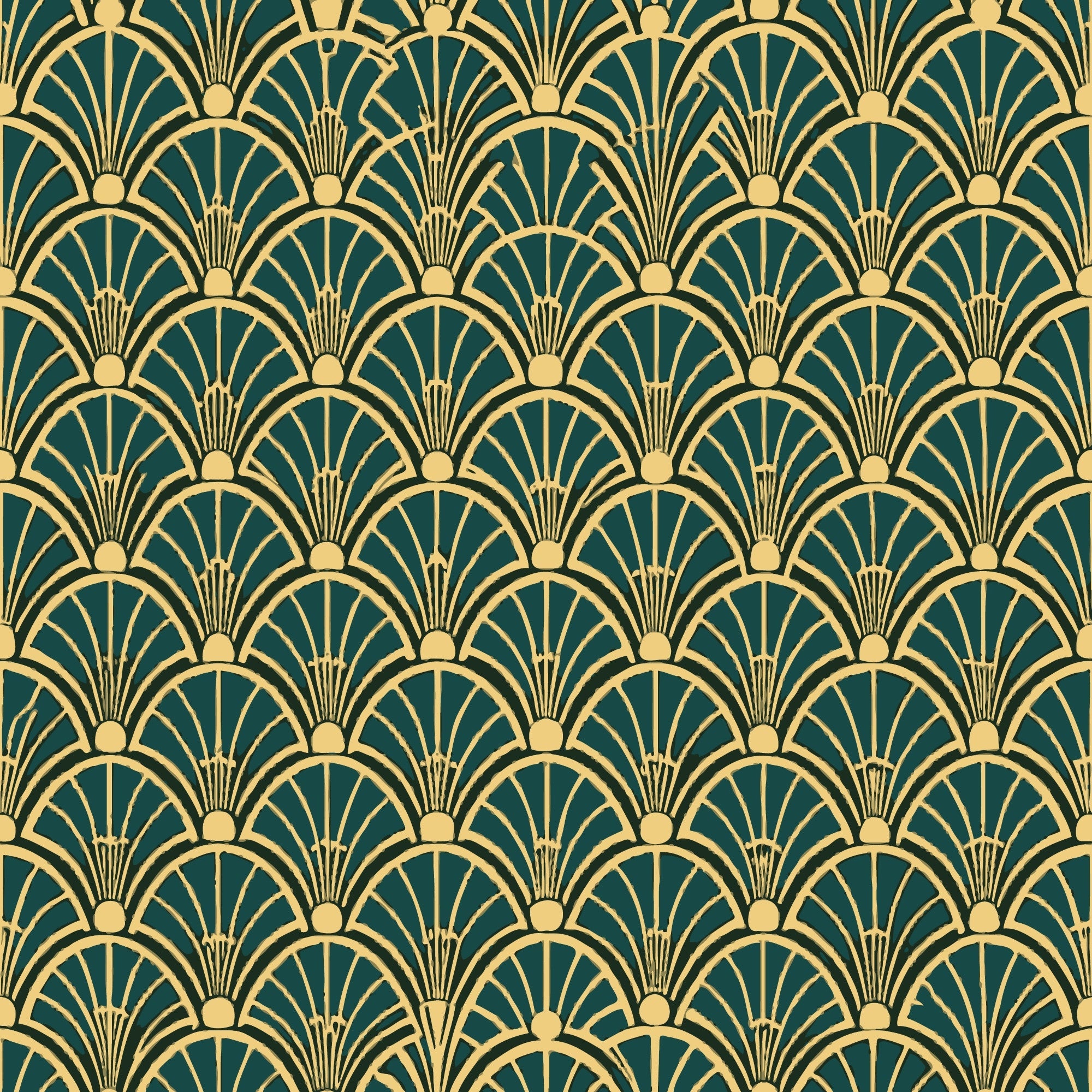 art deco, fan pattern, geometric design, emerald green, gold, cream, repeating motif, scalloped arches, vintage style,, fabric panel, luxurious, elegant, radiating lines, decorative circles, 1920s inspired, ornamental, sophisticated, peacock feathers motif