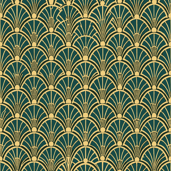 art deco, fan pattern, geometric design, emerald green, gold, cream, repeating motif, scalloped arches, vintage style,, fabric panel, luxurious, elegant, radiating lines, decorative circles, 1920s inspired, ornamental, sophisticated, peacock feathers motif