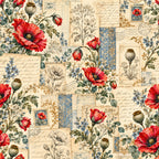 red poppies, cream background, vintage floral, blue flowers, botanical, elegant, traditional, garden flowers, romantic, antique, botanical illustration, poppy flowers, delicate florals, beige, ivory, dusty blue, gold accents, ornamental, classic, timeless, cottage core, pressed flowers, botanical art, calligraphy text, vintage postage stamps, retro, spring, nature inspired, heirloom