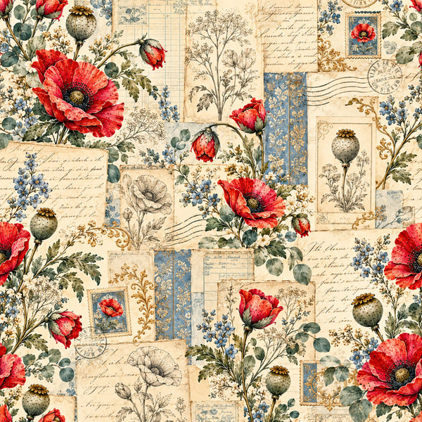 red poppies, cream background, vintage floral, blue flowers, botanical, elegant, traditional, garden flowers, romantic, antique, botanical illustration, poppy flowers, delicate florals, beige, ivory, dusty blue, gold accents, ornamental, classic, timeless, cottage core, pressed flowers, botanical art, calligraphy text, vintage postage stamps, retro, spring, nature inspired, heirloom
