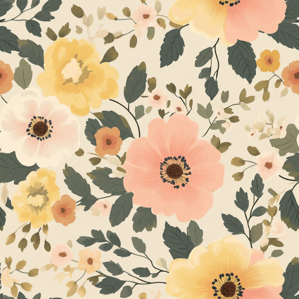 soft yellow, blush pink, coral, cream, sage green, dark teal, olive green, floral, botanical, nature, vintage, whimsical, elegant, spring, summer, garden flowers, anemones, daisies, wildflowers, leaves, branches, bud details, romantic, feminine, soft and delicate, cottage core, traditional, natural elements
