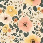soft yellow, blush pink, coral, cream, sage green, dark teal, olive green, floral, botanical, nature, vintage, whimsical, elegant, spring, summer, garden flowers, anemones, daisies, wildflowers, leaves, branches, bud details, romantic, feminine, soft and delicate, cottage core, traditional, natural elements