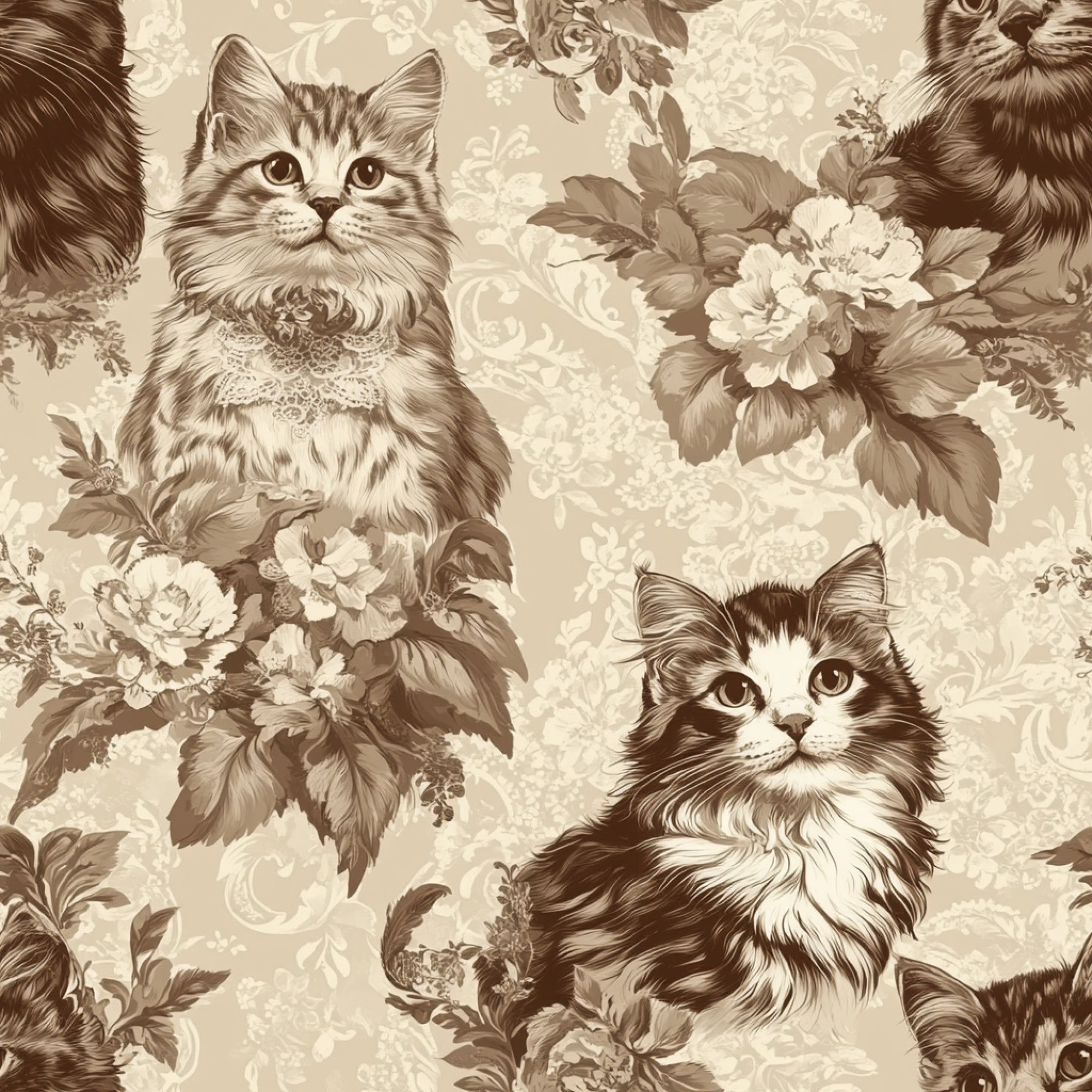 beige, sepia, brown, cream, vintage cats, kittens, floral pattern, roses, peonies, lace collars, ornate flowers,, fabric panel, victorian style, nostalgic, detailed illustration, decorative scrollwork, botanical elements, antique aesthetic, romantic florals