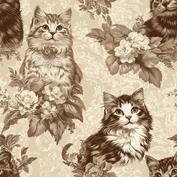 beige, sepia, brown, cream, vintage cats, kittens, floral pattern, roses, peonies, lace collars, ornate flowers,, fabric panel, victorian style, nostalgic, detailed illustration, decorative scrollwork, botanical elements, antique aesthetic, romantic florals