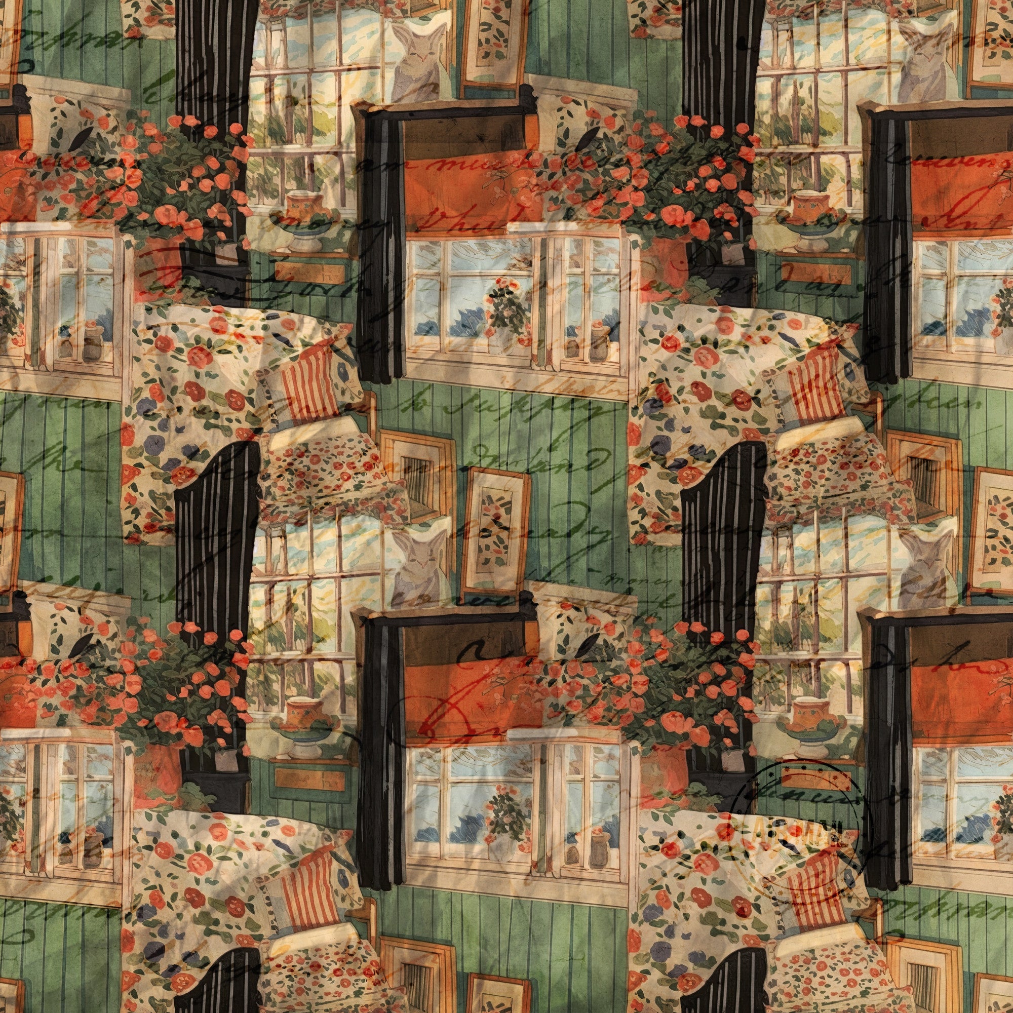 cottagecore, scrapbook pattern,, fabric panel, sage green, coral orange, cream, floral motifs, vintage illustrations, cozy interior, window scenes, potted plants, textile collage, patchwork design, rustic charm, country living, botanical elements, warm earth tones, nostalgic mood, farmhouse aesthetic
