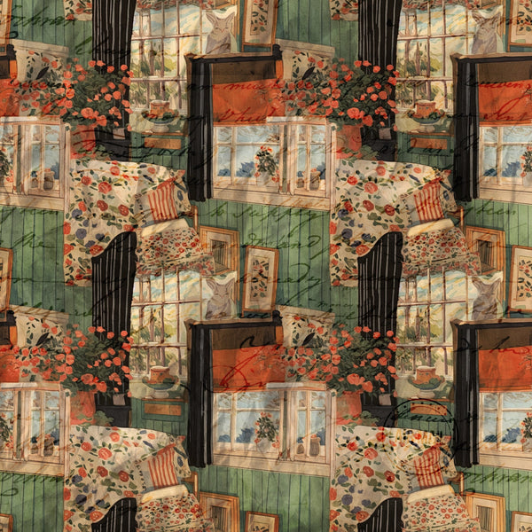 cottagecore, scrapbook pattern,, fabric panel, sage green, coral orange, cream, floral motifs, vintage illustrations, cozy interior, window scenes, potted plants, textile collage, patchwork design, rustic charm, country living, botanical elements, warm earth tones, nostalgic mood, farmhouse aesthetic