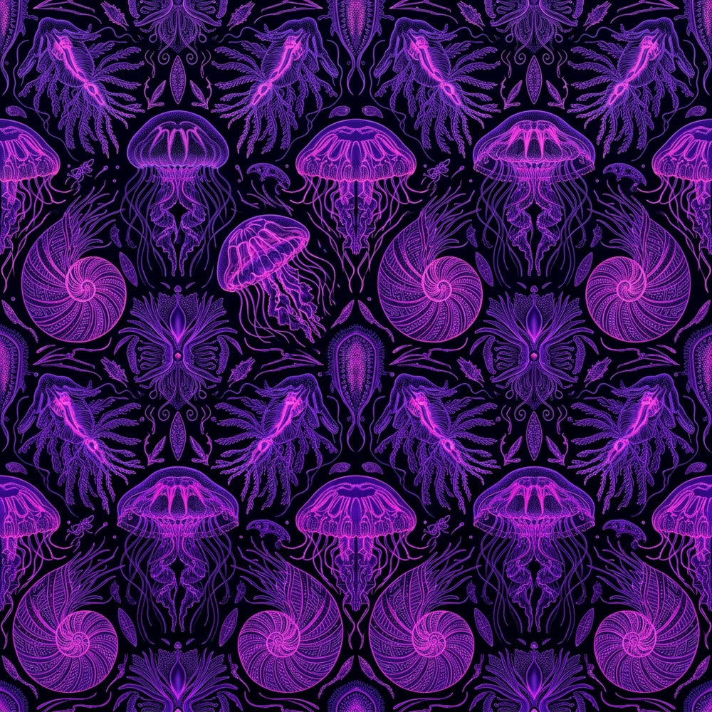 neon purple, magenta, hot pink, black, deep purple, vibrant purple, jellyfish, nautical, ocean life, sea creatures, marine, whimsical, gothic, dark aesthetic, intricate, detailed, damask, ornamental, decorative, goth style, celestial, mystical, psychedelic, bohemian, alternative, edgy, ocean theme, under the sea, bioluminescent, fantasy