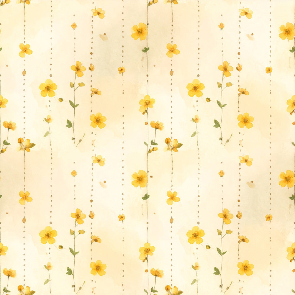 yellow flowers, buttercup yellow, cream background, soft yellow, pale yellow, floral pattern, hanging flowers, botanical, nature theme, spring flowers, summer flowers, delicate flowers, flower stems, green leaves, dotted pattern, vertical stripes, whimsical style, gentle style, nursery decor, baby room, playroom, feminine style, watercolor flowers, pressed flowers, vintage floral, cottage core, garden theme, light and airy, calming design, soft botanical