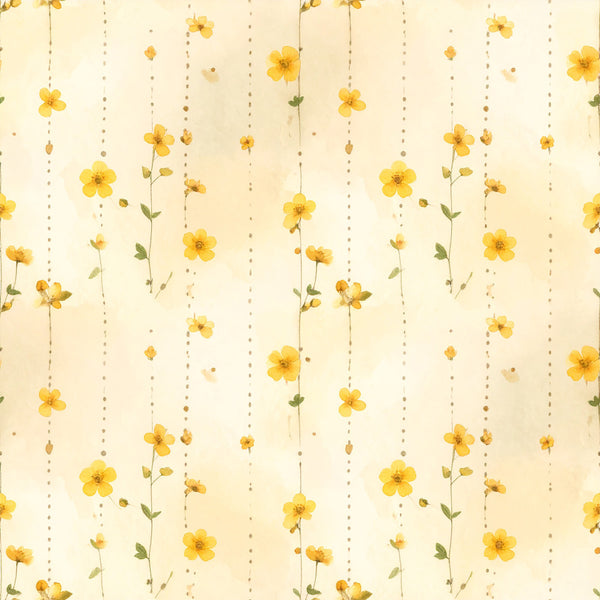 yellow flowers, buttercup yellow, cream background, soft yellow, pale yellow, floral pattern, hanging flowers, botanical, nature theme, spring flowers, summer flowers, delicate flowers, flower stems, green leaves, dotted pattern, vertical stripes, whimsical style, gentle style, nursery decor, baby room, playroom, feminine style, watercolor flowers, pressed flowers, vintage floral, cottage core, garden theme, light and airy, calming design, soft botanical
