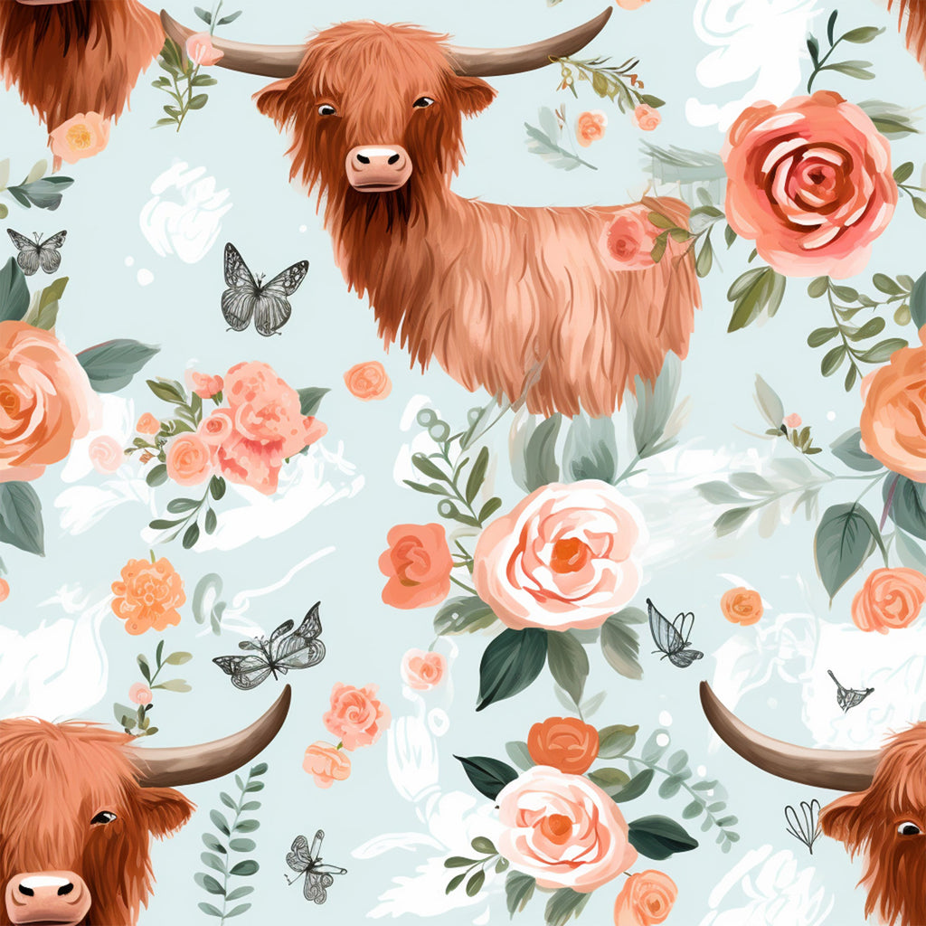 highland cows, peach roses, coral flowers, sage green, butterflies, hand drawn, floral pattern,, fabric panel, watercolor style, pastoral theme, botanical elements, soft blue background, orange blooms, whimsical design, cotton fabric, nature inspired, feminine colors, repeating pattern