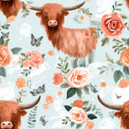 highland cows, peach roses, coral flowers, sage green, butterflies, hand drawn, floral pattern,, fabric panel, watercolor style, pastoral theme, botanical elements, soft blue background, orange blooms, whimsical design, cotton fabric, nature inspired, feminine colors, repeating pattern