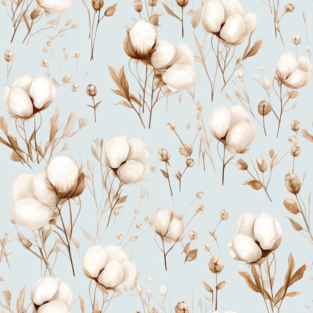 cream cotton, soft white, pale blue background, sky blue, warm beige, tan stems, botanical, floral, nature, rustic, farmhouse, vintage, elegant, whimsical, cottagecore, natural fiber aesthetic, cotton bolls, dried flowers, boho, bohemian, calming, peaceful, neutral palette, spring, summer, nursery, baby room, gender neutral, botanical illustration, delicate florals