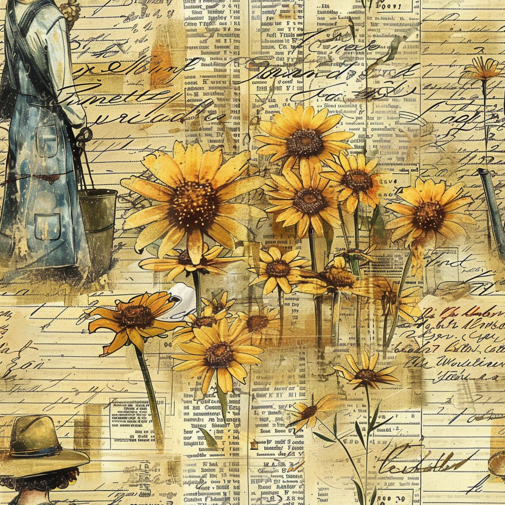 yellow sunflowers, orange petals, brown centers, vintage newspaper, handwritten script, sepia tones, botanical illustration, farm flowers, aged paper, cursive writing, golden yellow, cream background, cottage style, rustic charm,, fabric panel, vintage ephemera, floral motif, country garden, weathered textures