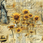 yellow sunflowers, orange petals, brown centers, vintage newspaper, handwritten script, sepia tones, botanical illustration, farm flowers, aged paper, cursive writing, golden yellow, cream background, cottage style, rustic charm,, fabric panel, vintage ephemera, floral motif, country garden, weathered textures