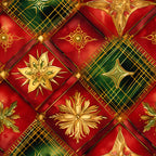 red, green, gold, christmas,, fabric panel, plaid, tartan, ornate medallions, floral motifs, geometric patterns, diamond layout, metallic accents, holiday themed, festive colors, decorative squares, intricate designs, seasonal fabric, patchwork style, ornamental elements