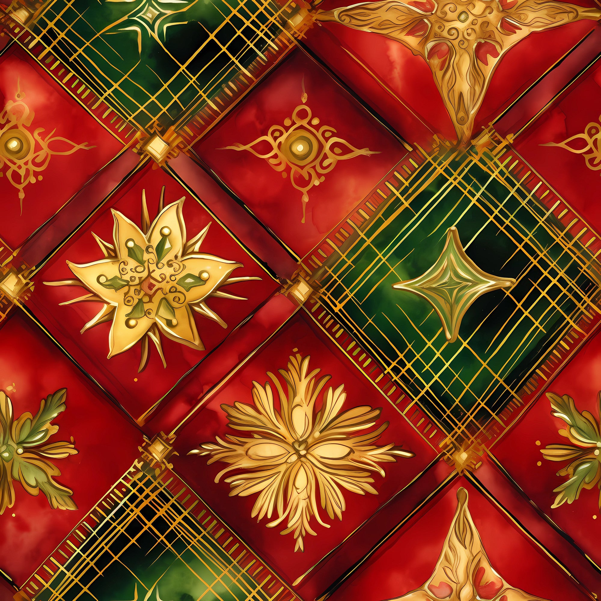 red, green, gold, christmas,, fabric panel, plaid, tartan, ornate medallions, floral motifs, geometric patterns, diamond layout, metallic accents, holiday themed, festive colors, decorative squares, intricate designs, seasonal fabric, patchwork style, ornamental elements