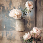 farmhouse florals,, fabric panel, pale pink peonies, cream flowers, soft pastels, vintage aesthetic, peeling paint, weathered wood, rustic style, botanical design, shabby chic, distressed textures, floral arrangement, cotton fabric, quilting material, muted tones, country style, aged patina, romantic florals